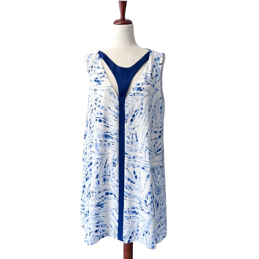 BCBG Maxazria "Amelia" Dress Large Blue Abstract Cutout Neckline Shift Blue Leaf
